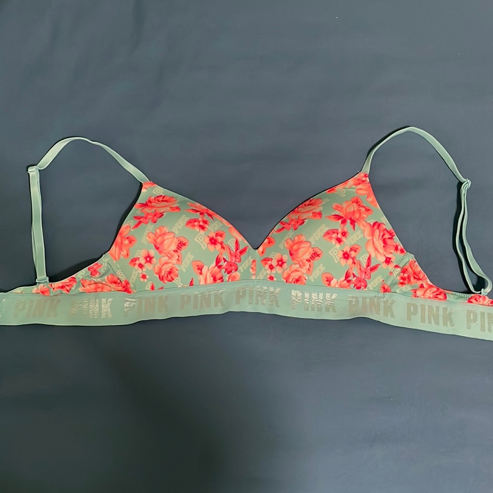 Wireless bra from PINK, light blue with orange flowers